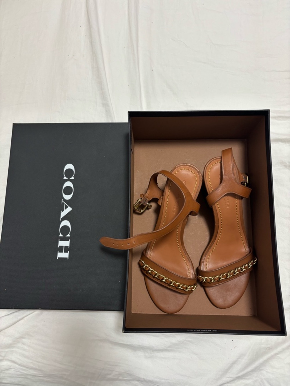 Coach Brown Leather Sandals with Gold Chain Accent